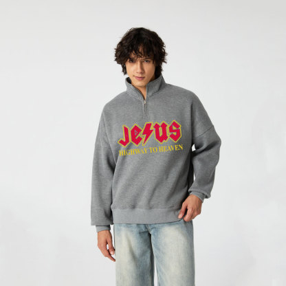 Jesus Highway To Heaven Christian Half Zip Fleece Sweatshirt