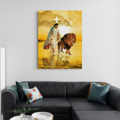 Jesus And Lion Walking On The Water Christian Canvas Wall Art