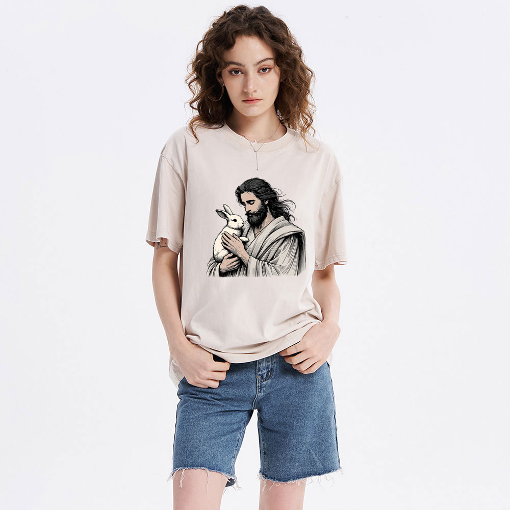 Jesus And Rabbit Easter Christian Washed T-Shirt