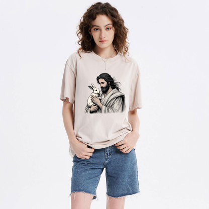 Jesus And Rabbit Easter Christian Washed T-Shirt