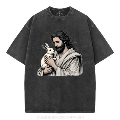 Jesus And Rabbit Easter Christian Washed T-Shirt