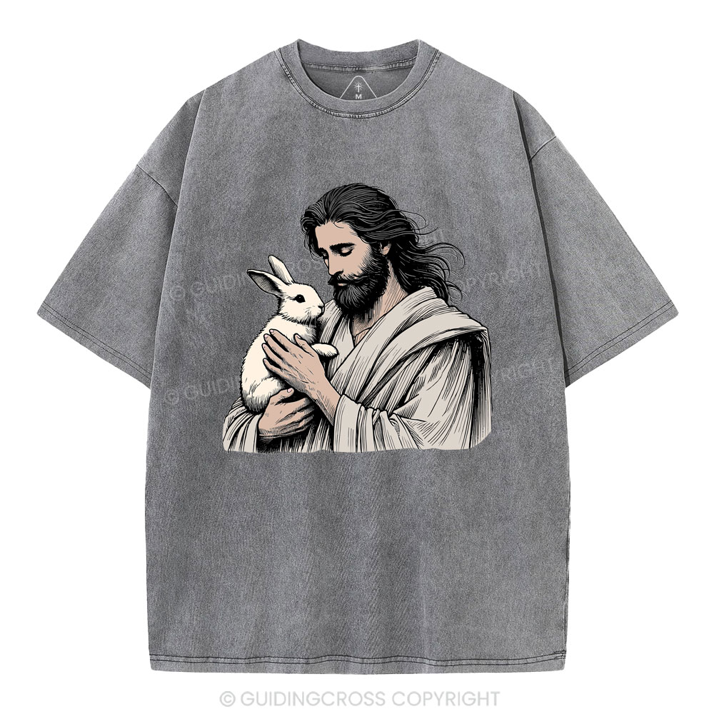 Jesus And Rabbit Easter Christian Washed T-Shirt