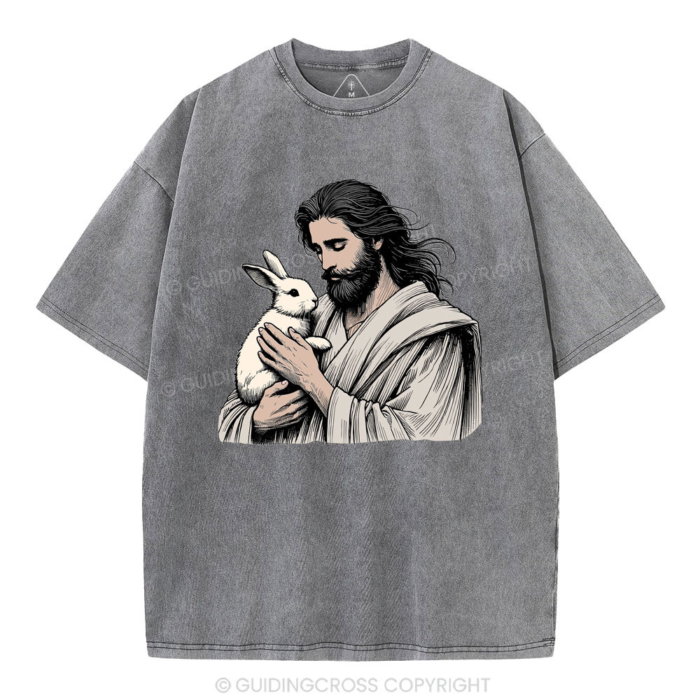 Jesus And Rabbit Easter Christian Washed T-Shirt