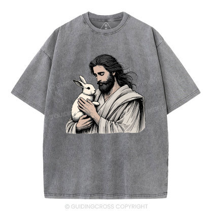 Jesus And Rabbit Easter Christian Washed T-Shirt
