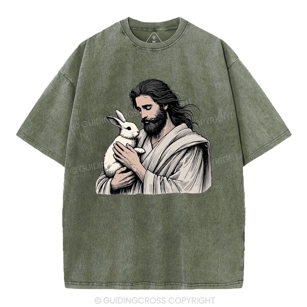 Jesus And Rabbit Easter Christian Washed T-Shirt
