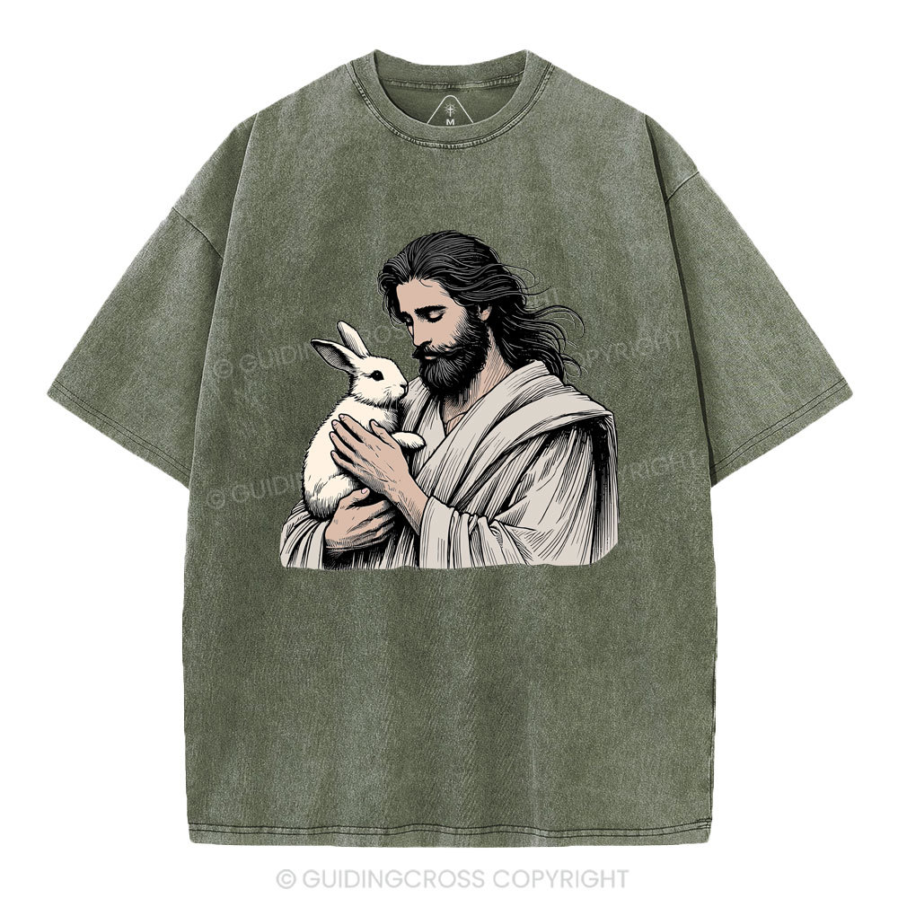 Jesus And Rabbit Easter Christian Washed T-Shirt