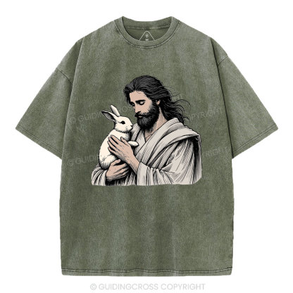 Jesus And Rabbit Easter Christian Washed T-Shirt