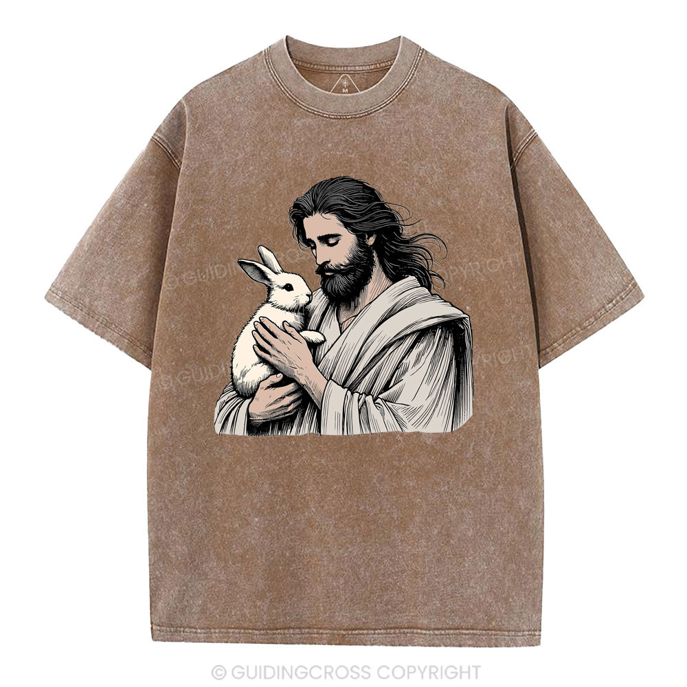 Jesus And Rabbit Easter Christian Washed T-Shirt