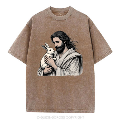 Jesus And Rabbit Easter Christian Washed T-Shirt