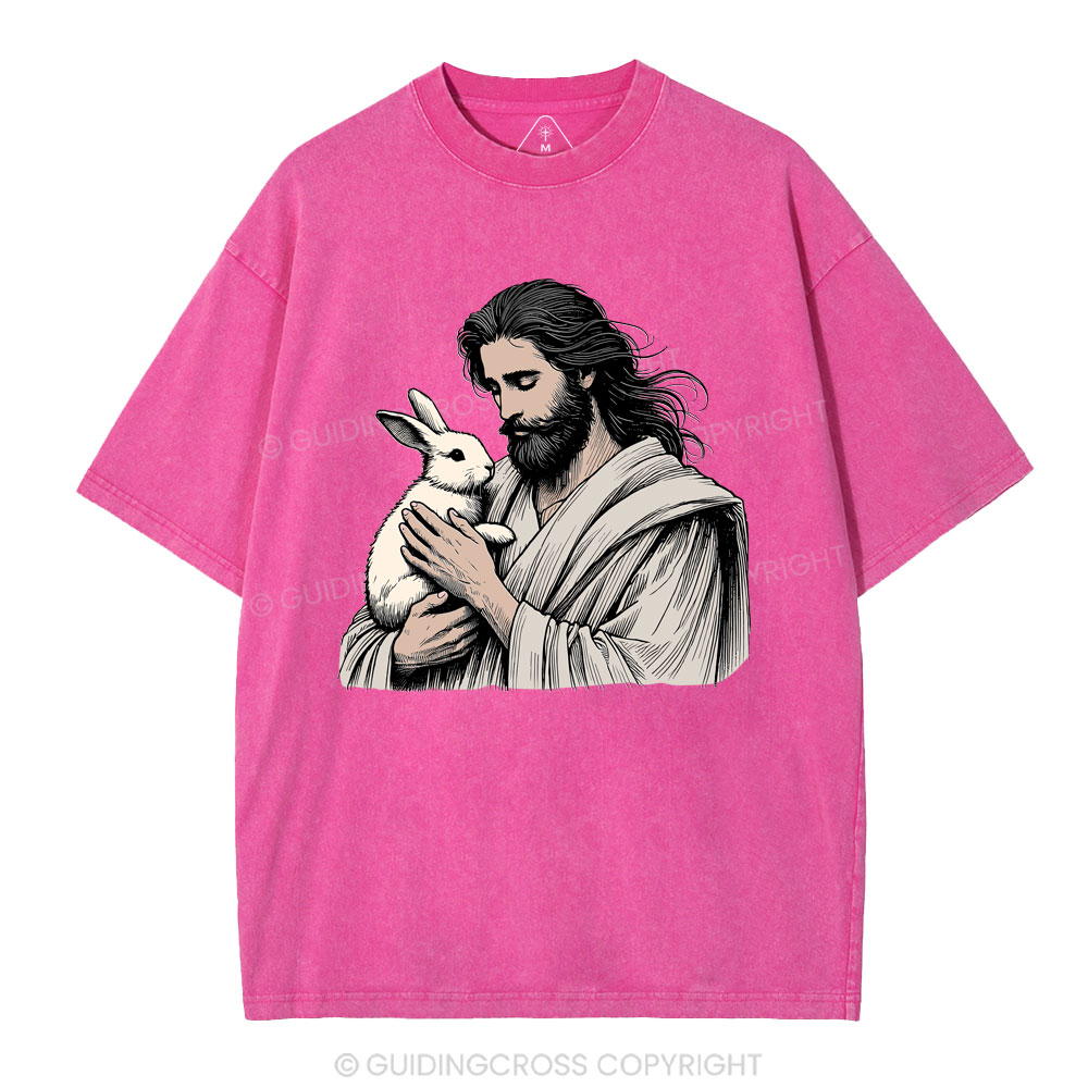 Jesus And Rabbit Easter Christian Washed T-Shirt