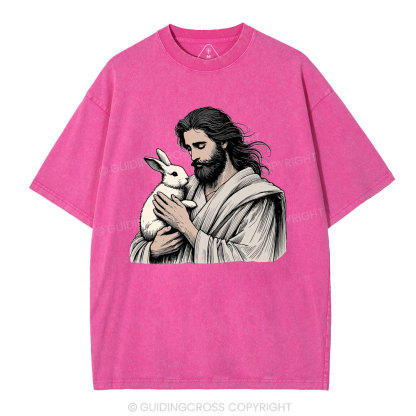 Jesus And Rabbit Easter Christian Washed T-Shirt
