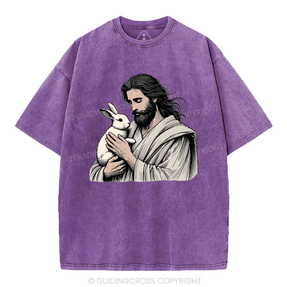 Jesus And Rabbit Easter Christian Washed T-Shirt