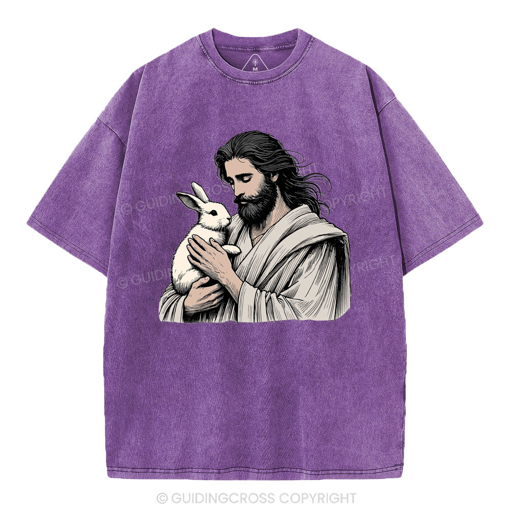 Jesus And Rabbit Easter Christian Washed T-Shirt