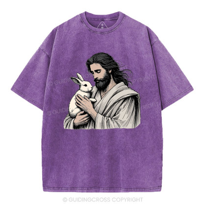Jesus And Rabbit Easter Christian Washed T-Shirt