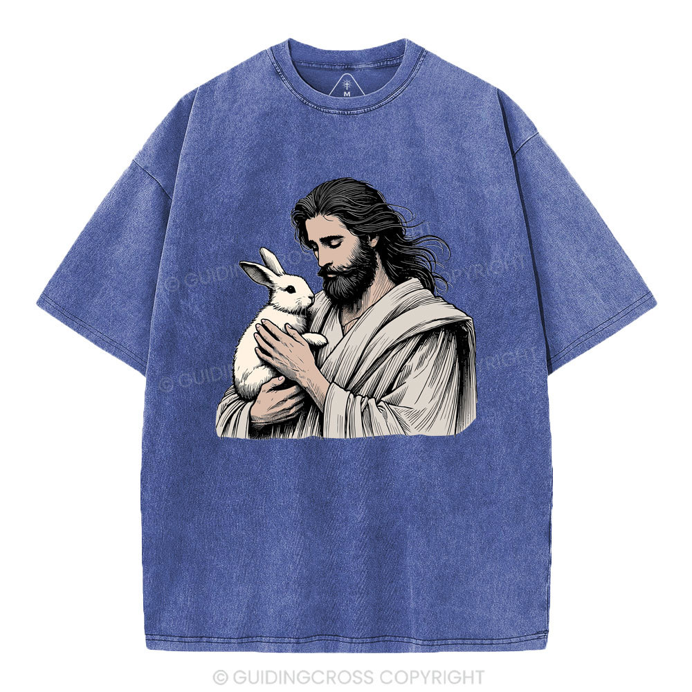 Jesus And Rabbit Easter Christian Washed T-Shirt
