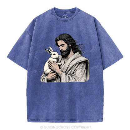 Jesus And Rabbit Easter Christian Washed T-Shirt