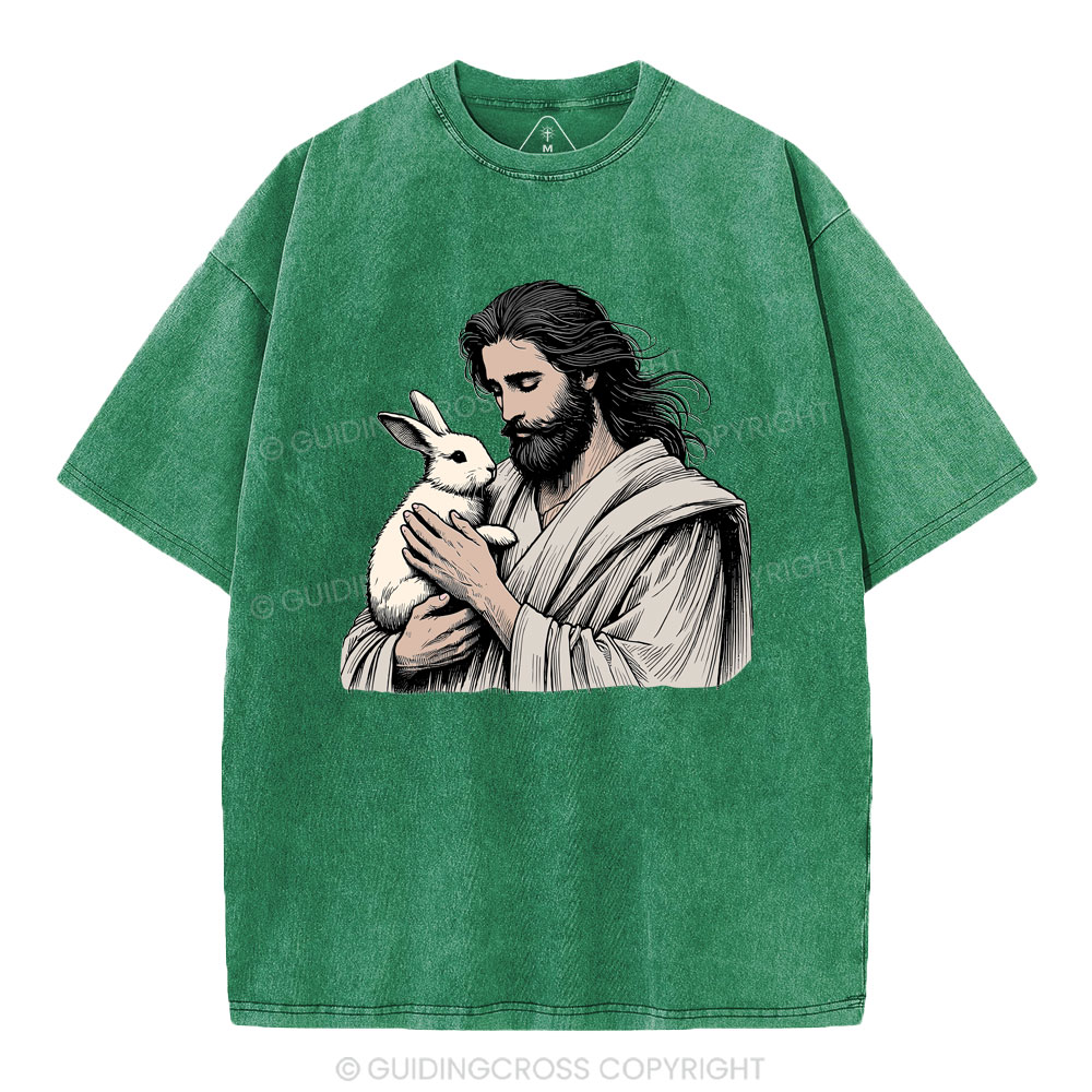 Jesus And Rabbit Easter Christian Washed T-Shirt