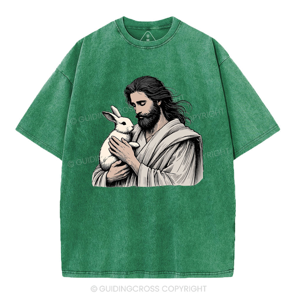 Jesus And Rabbit Easter Christian Washed T-Shirt