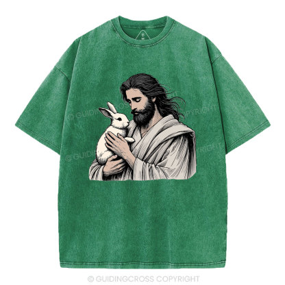Jesus And Rabbit Easter Christian Washed T-Shirt