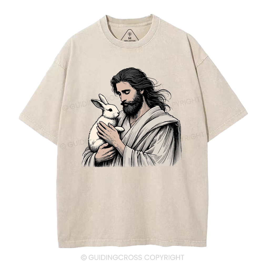 Jesus And Rabbit Easter Christian Washed T-Shirt