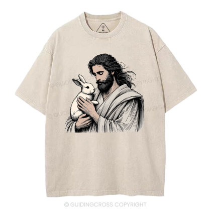 Jesus And Rabbit Easter Christian Washed T-Shirt