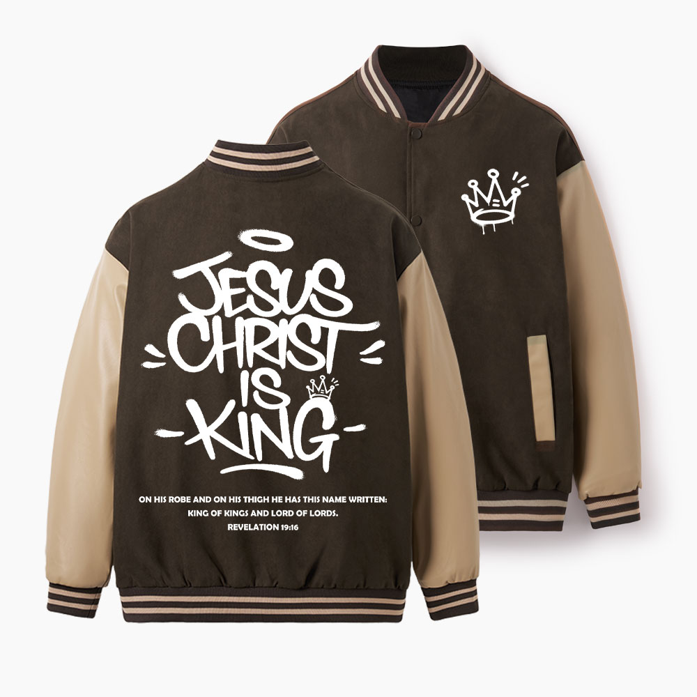Jesus Christ Is King Christian Color Block Baseball Jacket