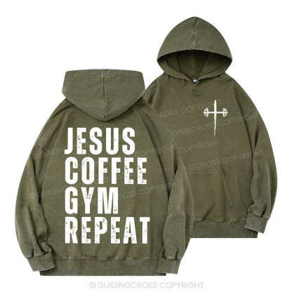 Jesus Coffee Gym Repeat Christian Washed Hoodie 