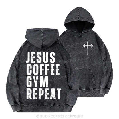 Jesus Coffee Gym Repeat Christian Washed Hoodie 