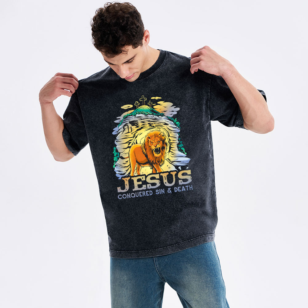 Jesus Conquered Sins And Death Christian Washed T-Shirt