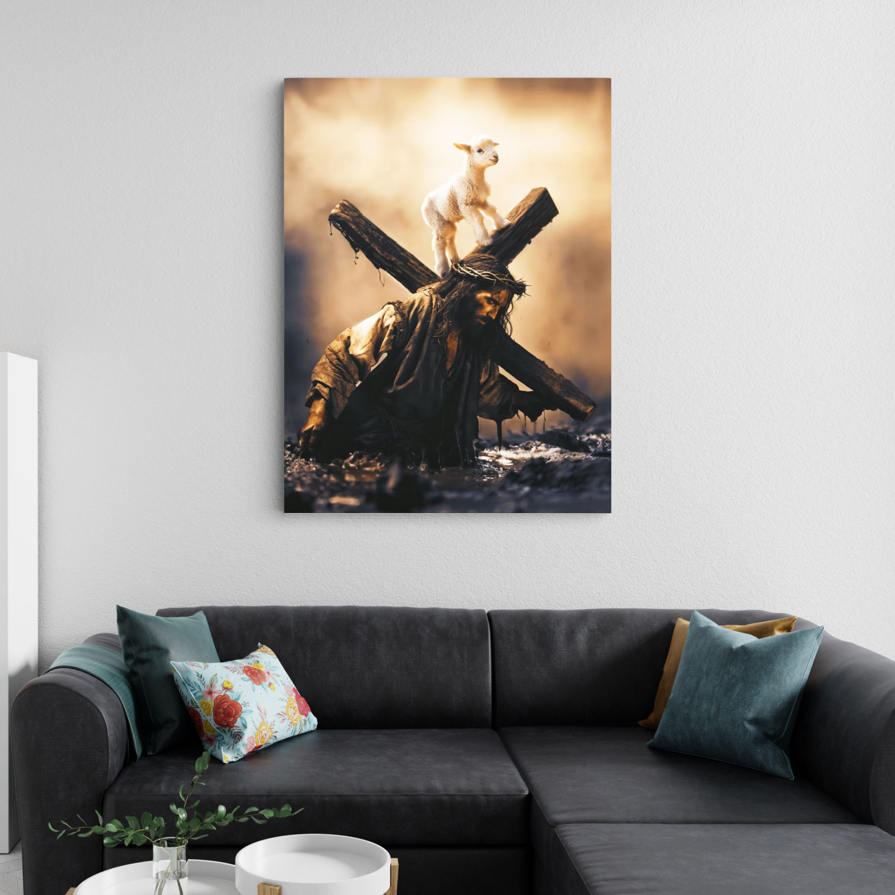 Jesus Cross And Lamb Christian Canvas Wall Art