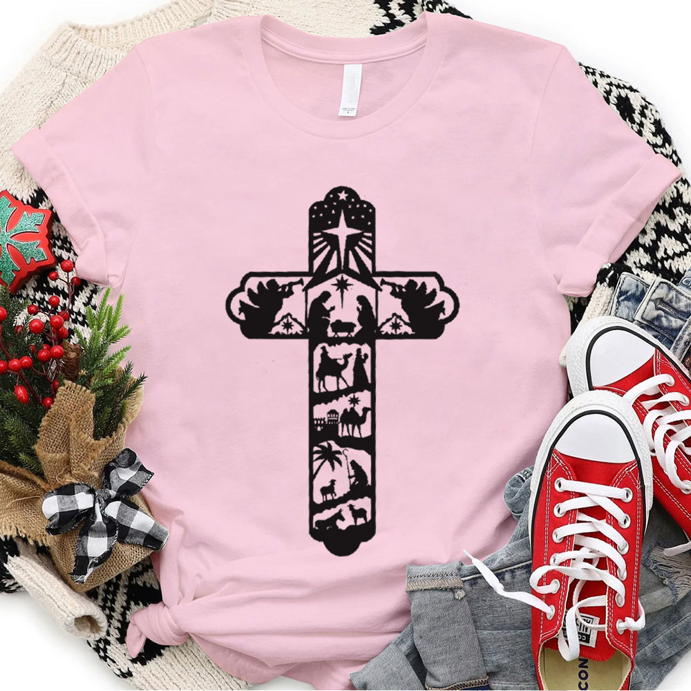 Religious Christmas Tshirt Pink Jesus Cross