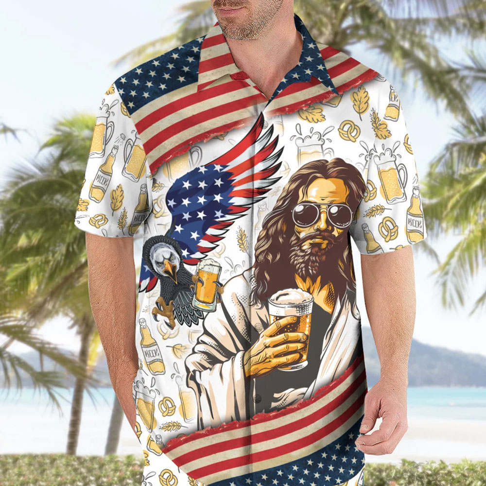 Jesus Eagle Beer American Flag Christian Hawaiian Shirt