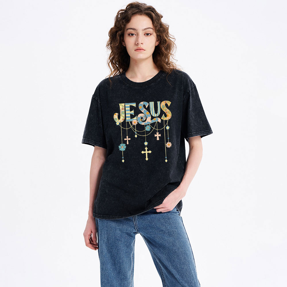 Jesus Floral Christian Washed T-Shirt