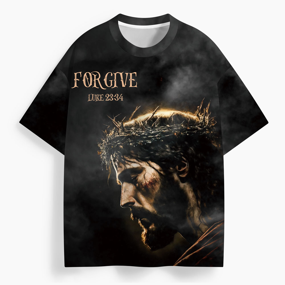 Jesus Forgive Oversized All-Over Print Christian T-Shirt