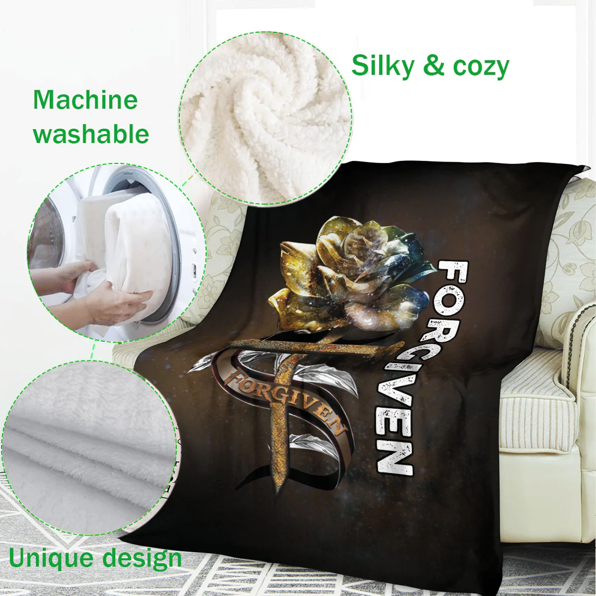 Jesus God Forgiven Rose Rosy Floral Fleece Blanket