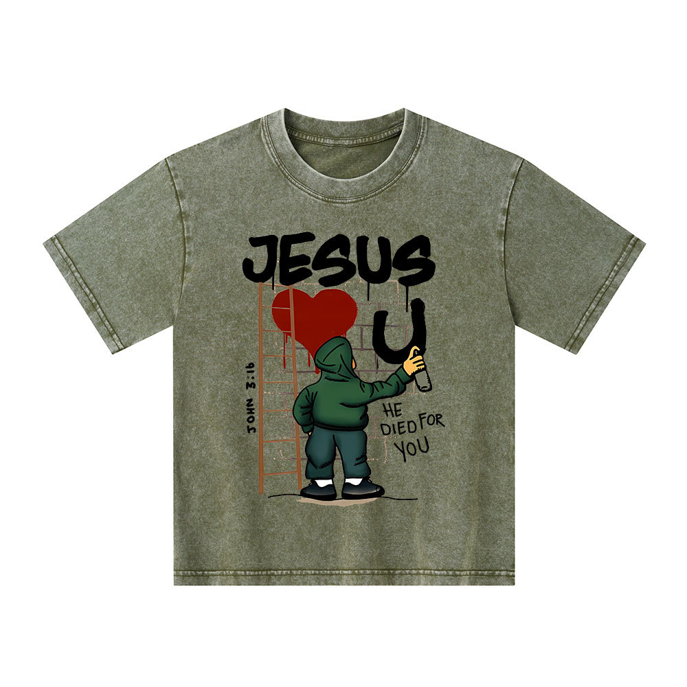 Jesus He Died For You Christian Kid Washed T-Shirt