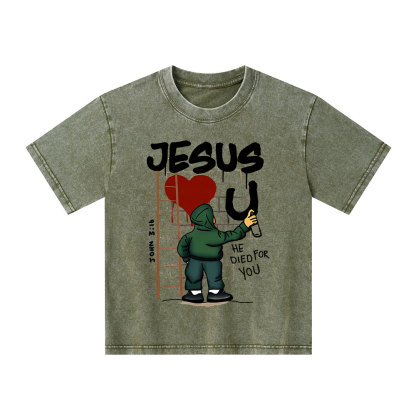 Jesus He Died For You Christian Kid Washed T-Shirt