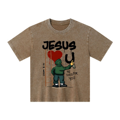 Jesus He Died For You Christian Kid Washed T-Shirt