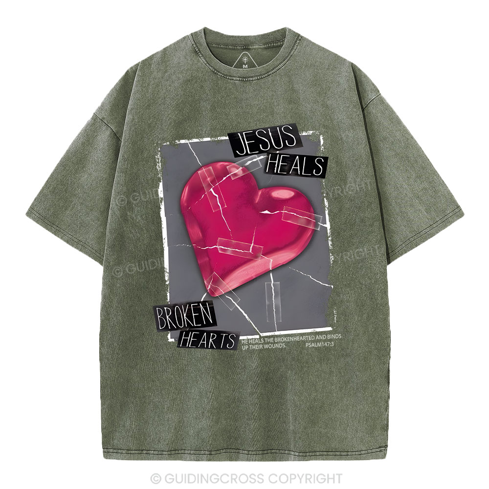 Jesus Heals Broken Hearts Christian Washed T-Shirt
