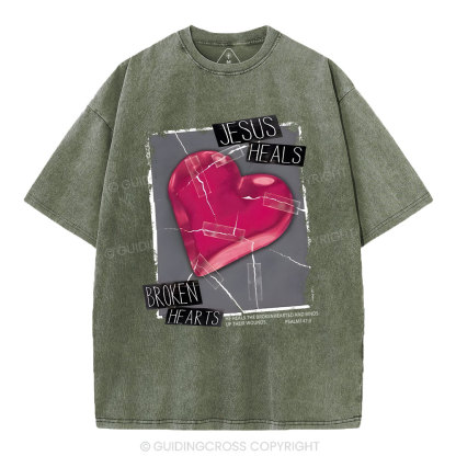 Jesus Heals Broken Hearts Christian Washed T-Shirt