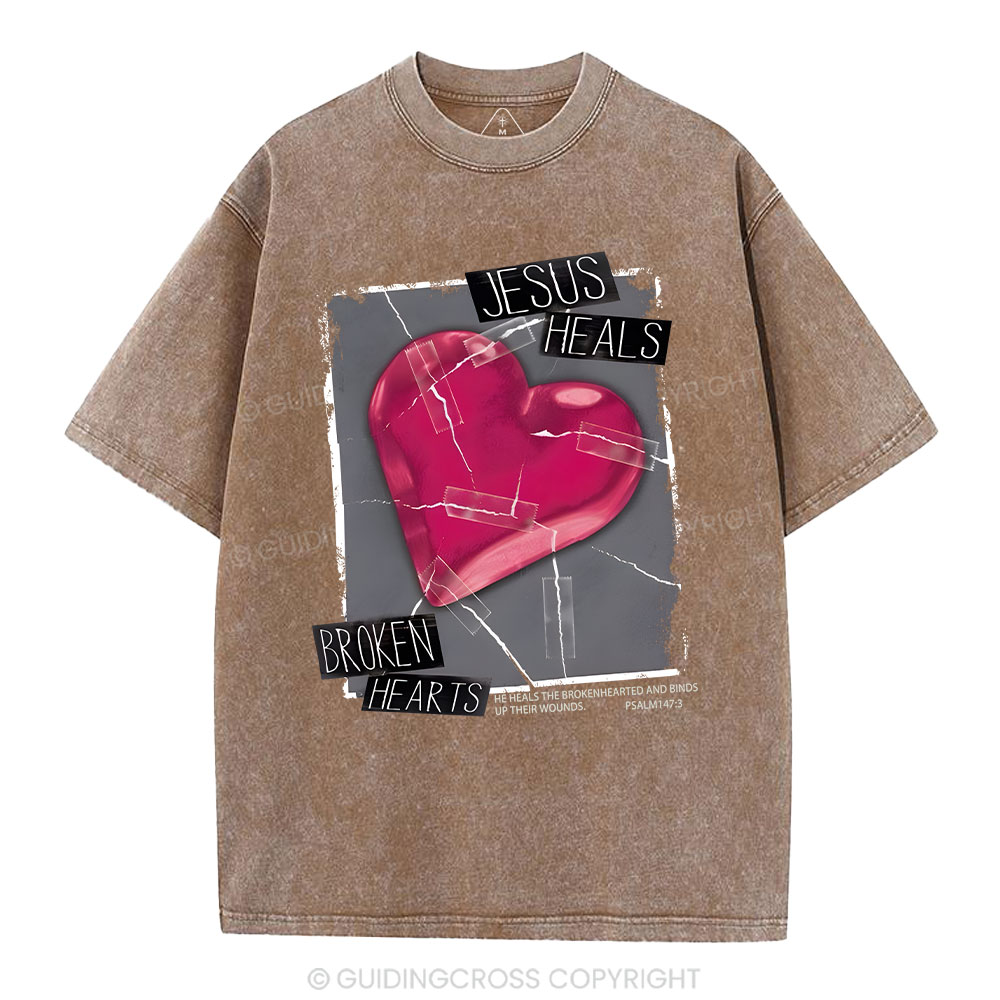 Jesus Heals Broken Hearts Christian Washed T-Shirt