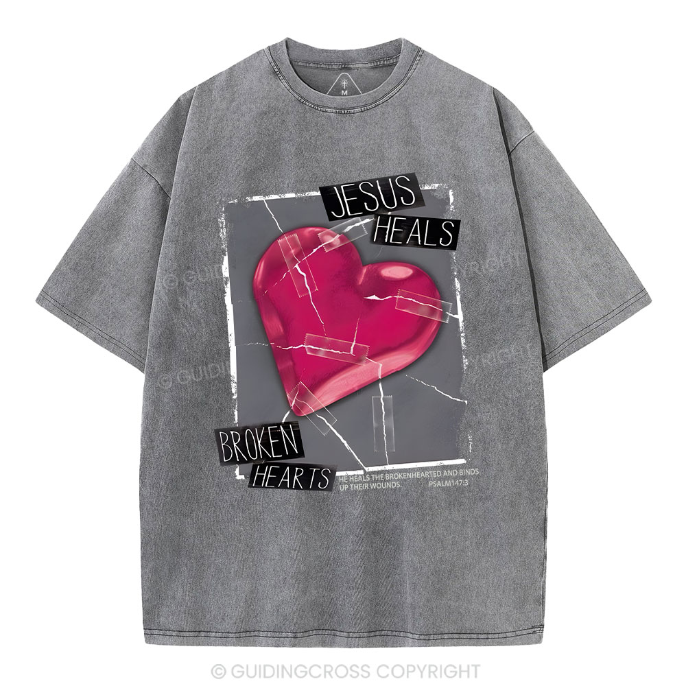 Jesus Heals Broken Hearts Christian Washed T-Shirt