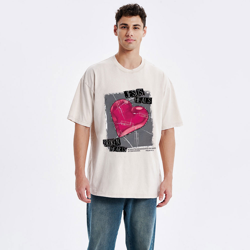 Jesus Heals Broken Hearts Christian Washed T-Shirt