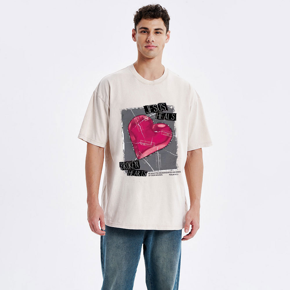 Jesus Heals Broken Hearts Christian Washed T-Shirt