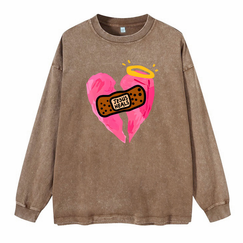 Jesus Heals Chrisytian Washed Long Sleeve T-Shirt