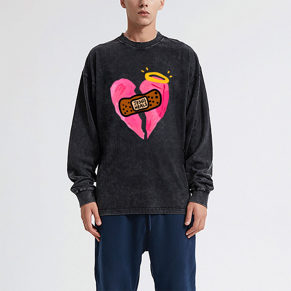 Jesus Heals Chrisytian Washed Long Sleeve T-Shirt