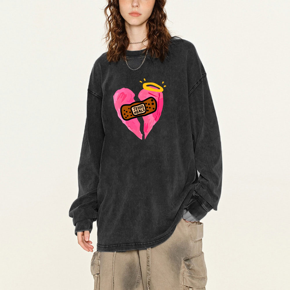 Jesus Heals Chrisytian Washed Long Sleeve T-Shirt