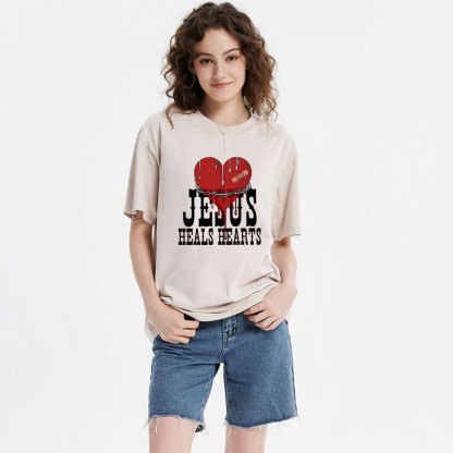 Jesus Heals Hearts Christian Washed T-Shirt