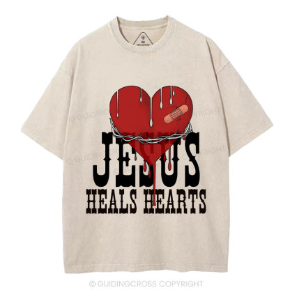 Jesus Heals Hearts Christian Washed T-Shirt