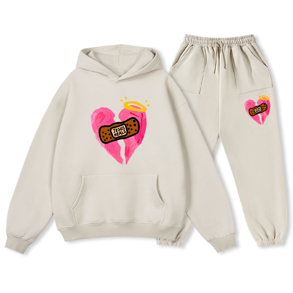 Jesus Heals Pink Heart Christian Fleece Hoodie Set